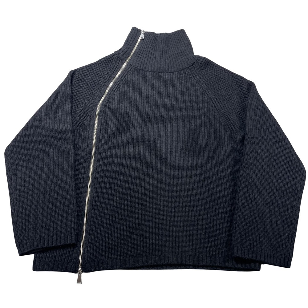 FIBFLX Sweater Womens Large Black 100% Wool Asymmetrical Full Zip Mock Neck